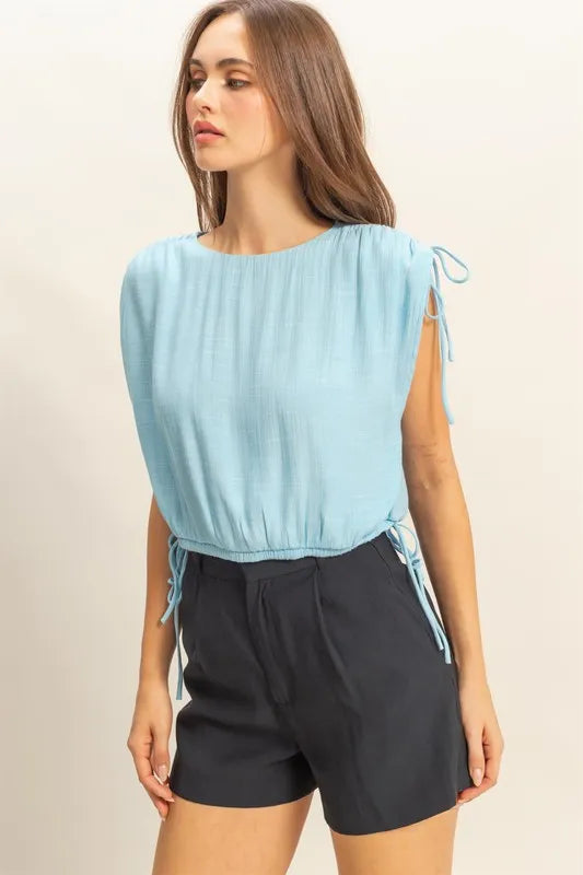 HYFVE Bubble Hem Side Tie Detail Round Neck Sleeveless Blouse - Brittney MADE