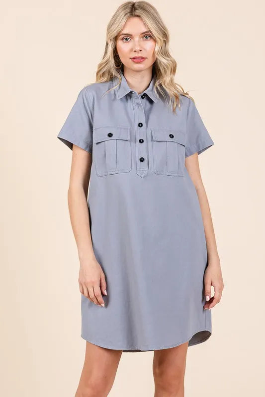 Mittoshop Button Detail Collared Neck Short Sleeve Shirt Dress - Brittney MADE