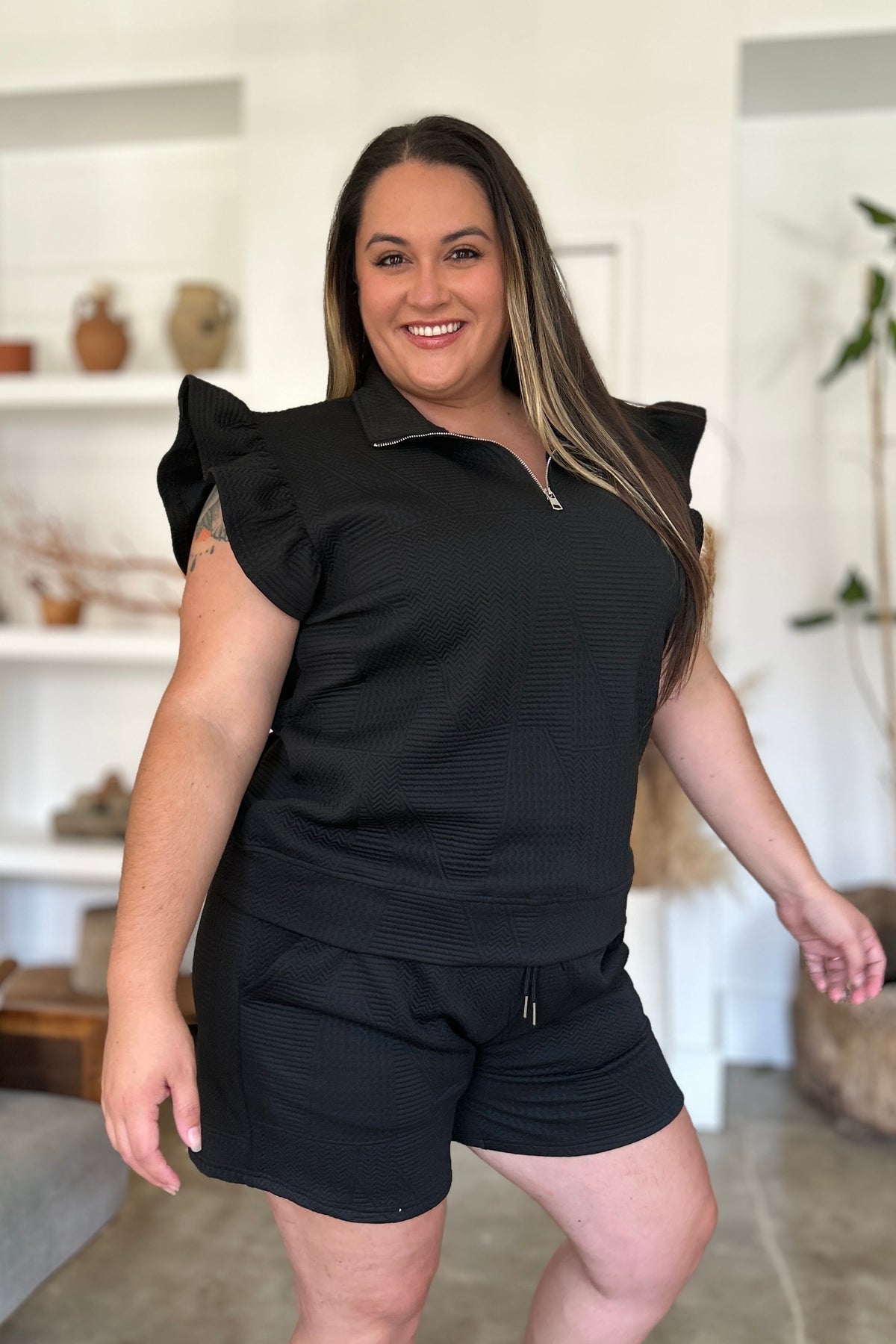Double Take Full Size Texture Flounce Sleeve Top and Shorts Set - Brittney MADE