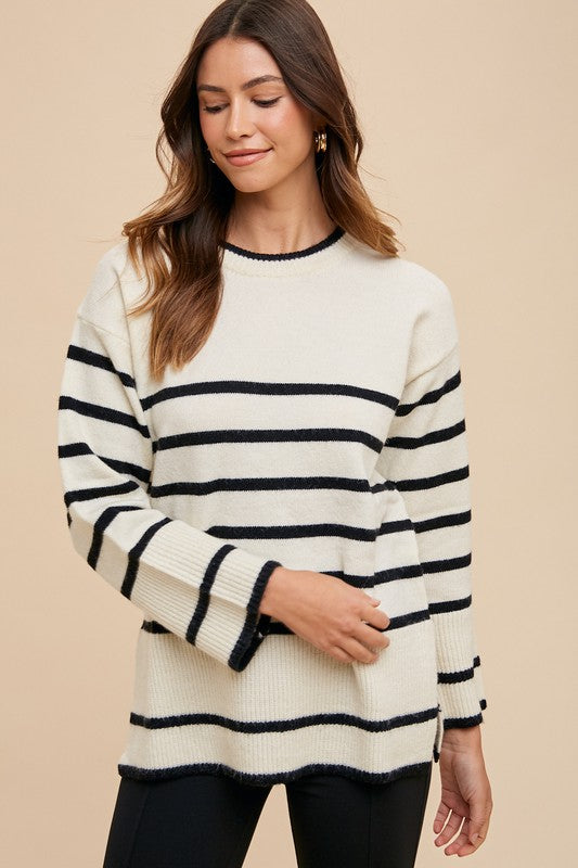 Annie Wear Side Slit Striped Round Neck Sweater - Brittney MADE