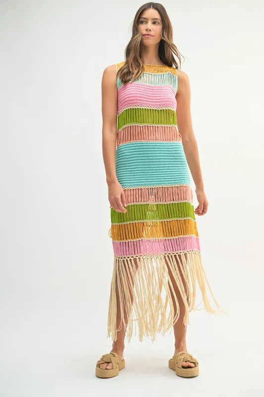 MABLE Multi Color Fringed Crochet Knit Dress - Brittney MADE