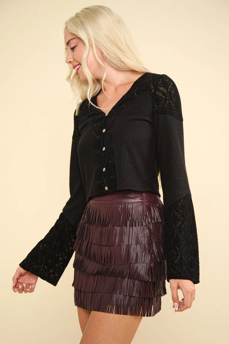VERY J V-Neck Lace Detail Button Down Crop Ribbed Knit Top - Brittney MADE