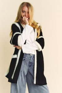 Davi & Dani Fuzzy Trim Open Front Loose Fit Cardigan - Brittney MADE