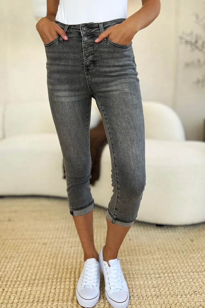 Judy Blue Full Size Button Fly High Waist Cuffed Capris - Brittney MADE