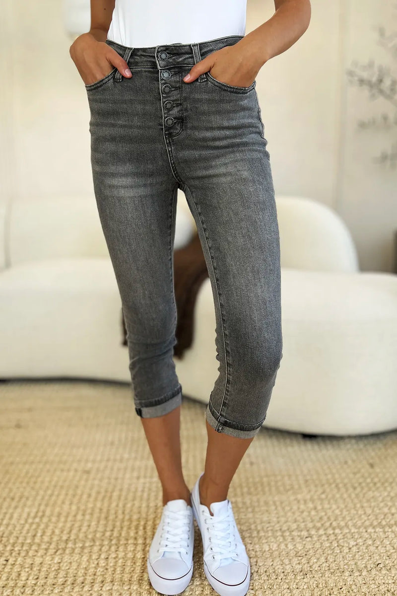 Judy Blue Full Size Button Fly High Waist Cuffed Capris - Brittney MADE