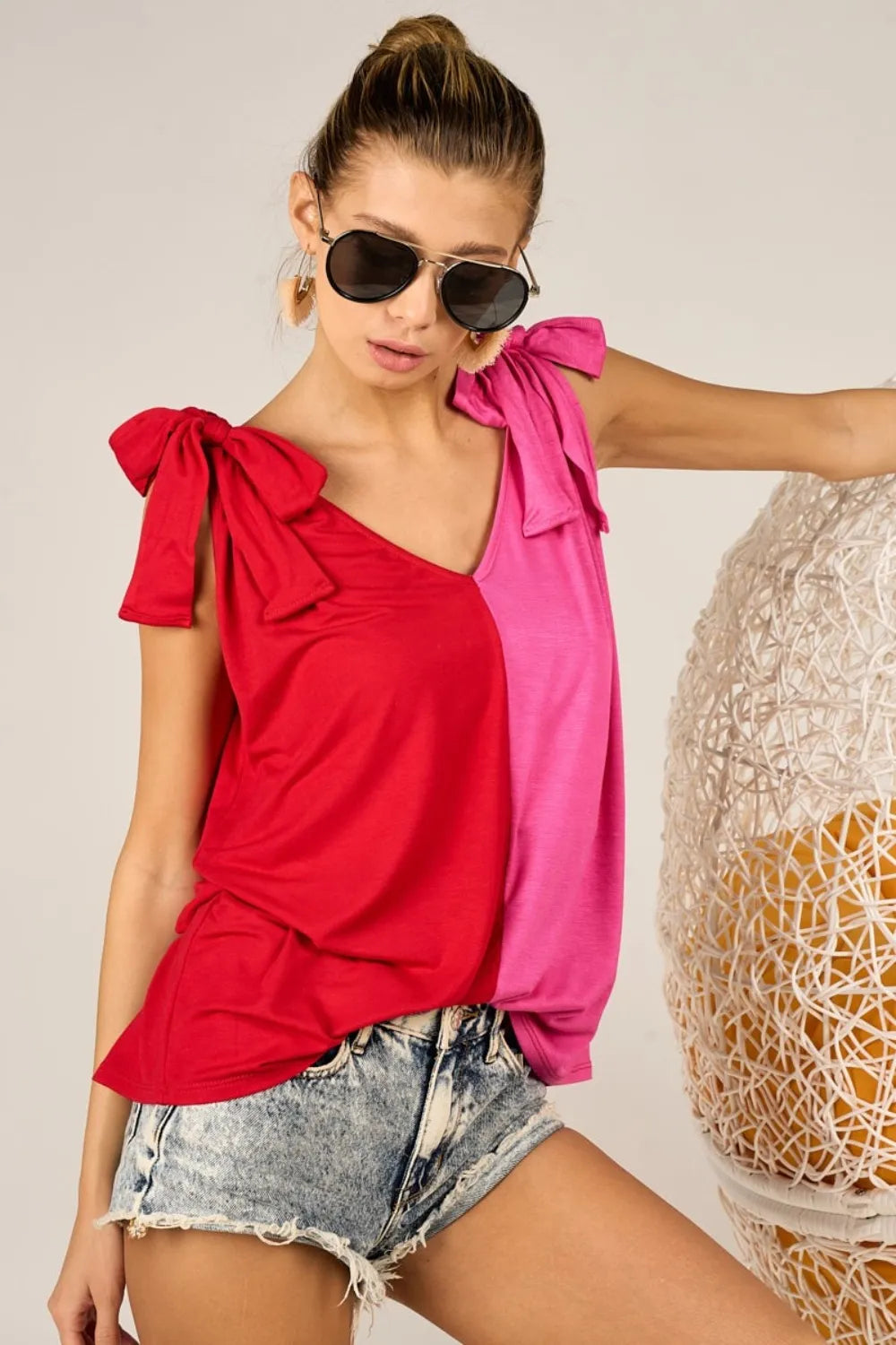 BiBi Shoulder Ribbon Tied Contrast Tank - Brittney MADE