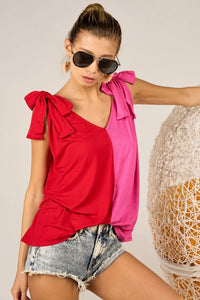 BiBi Shoulder Ribbon Tied Contrast Tank - Brittney MADE