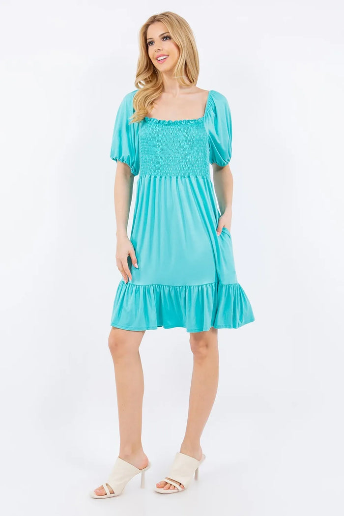 Celeste Full Size Smocked Square Neck Puff Sleeve Ruffle Hem Dress Plus Size - Brittney MADE