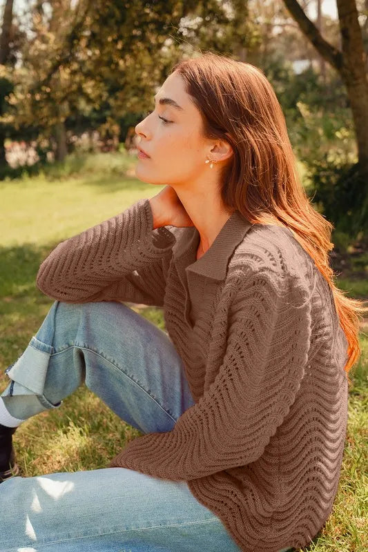 SO ME Notched Collar Wavy Texture Sweater Top - Brittney MADE