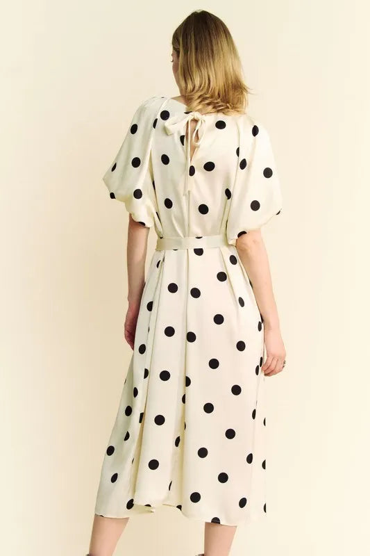 Davi & Dani Polka Dot Puff Sleeves Waist Tie Midi Dress - Brittney MADE
