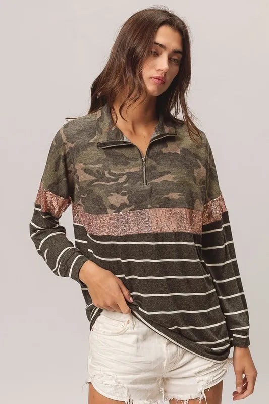 BiBi Camouflage French Terry Knit Top - Brittney MADE