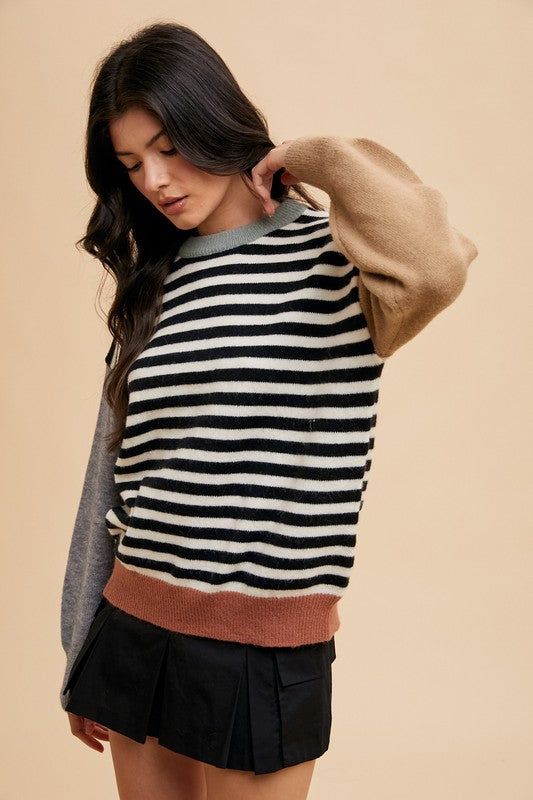 Annie Wear Striped Color Block Round Neck Sweater - Brittney MADE