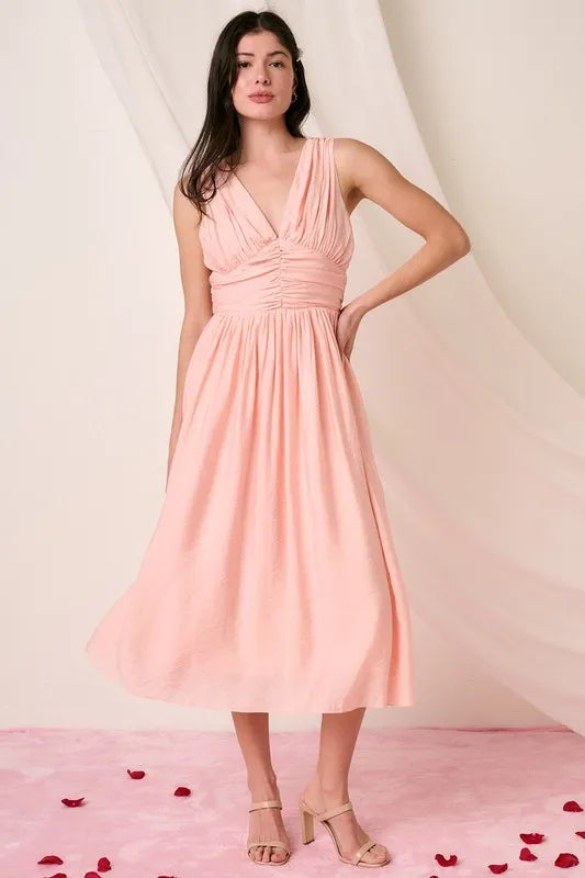 Mittoshop Ruched V-Neck Sleeveless Midi Dress - Brittney MADE