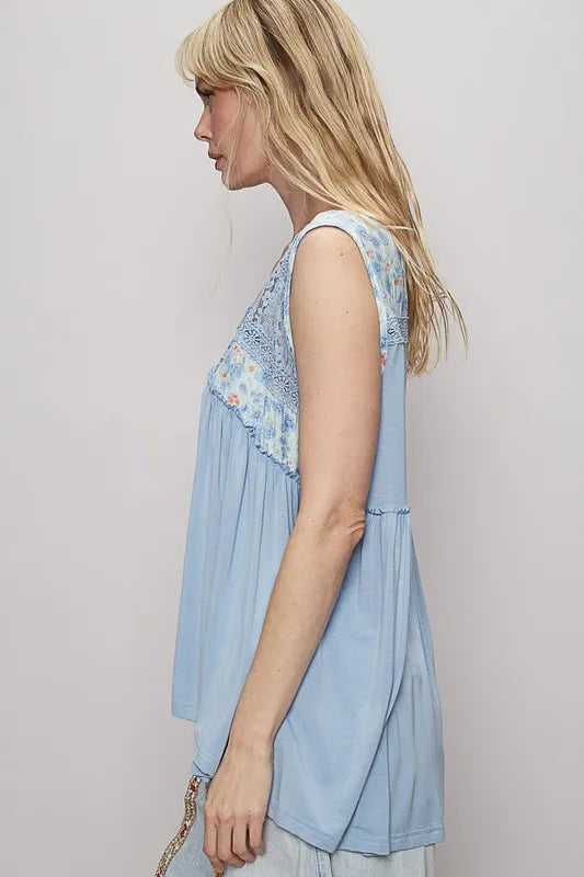 POL Lace Detail Frill Floral V-Neck Sleeveless Top - Brittney MADE
