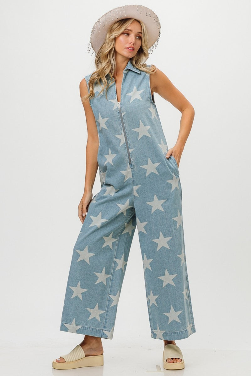 BiBi Star Print Half Zip Sleeveless Denim Jumpsuit - Brittney MADE