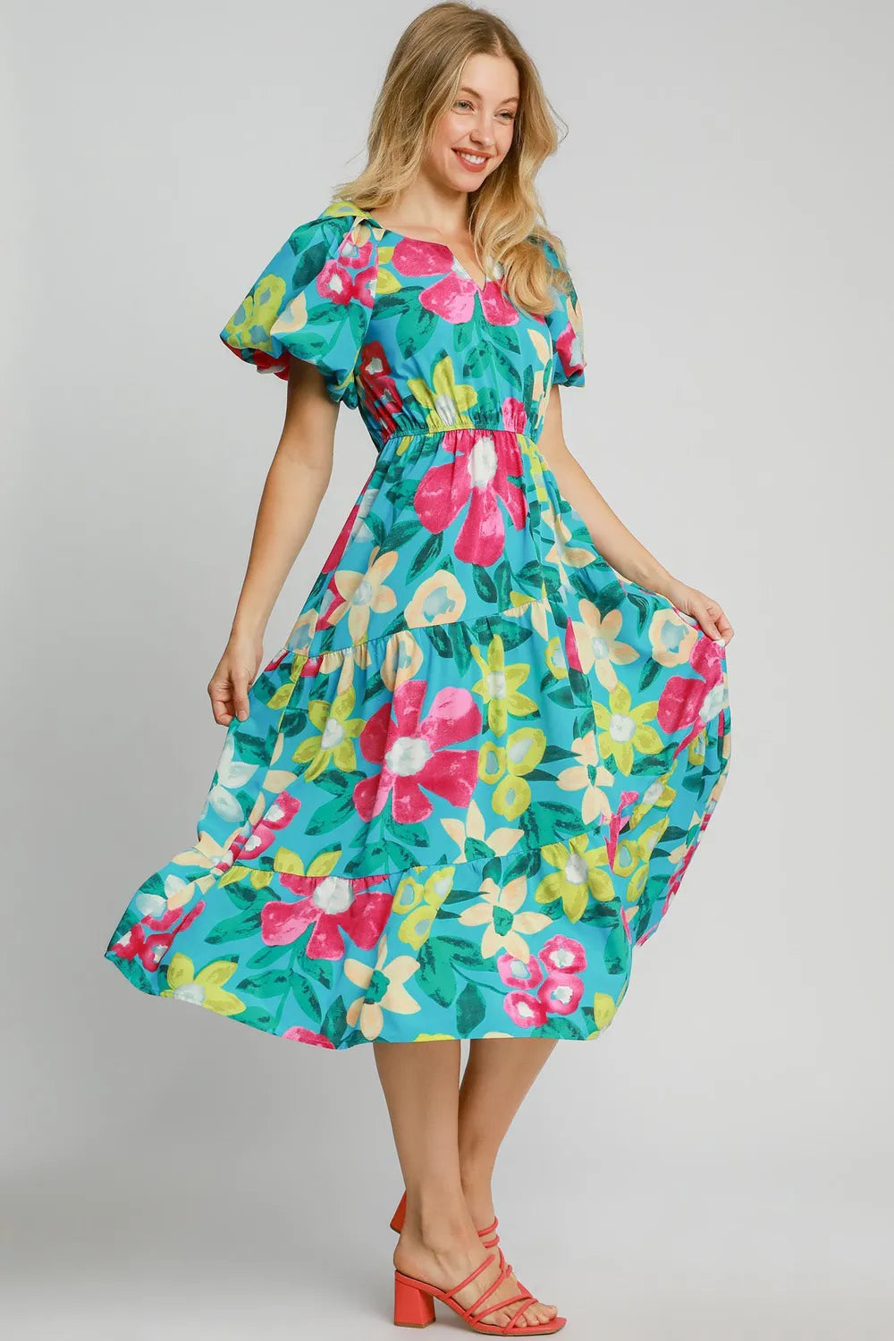 Umgee Full Size Tiered Floral Print Notched Puff Sleeve Midi Dress Plus Size - Brittney MADE