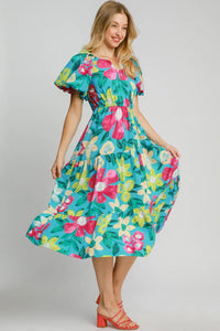 Umgee Full Size Tiered Floral Print Notched Puff Sleeve Midi Dress Plus Size - Brittney MADE