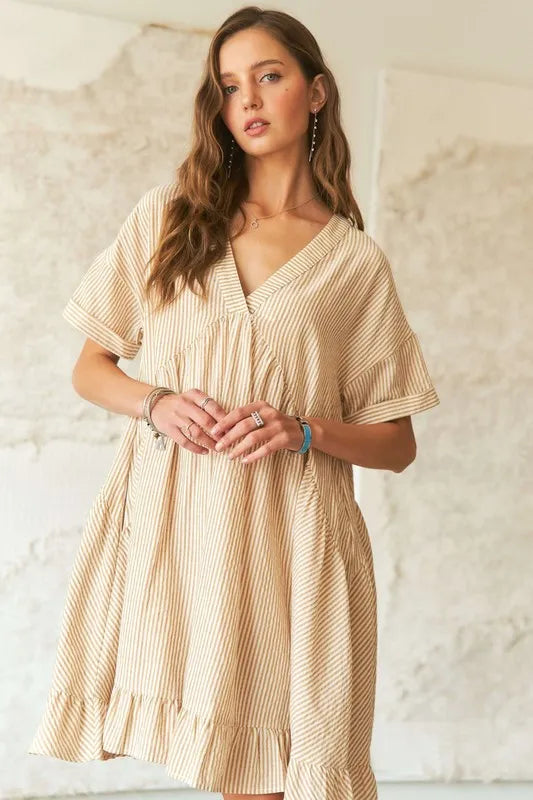 ADORA Ruffled Hem Striped V-Neck Babydoll Dress - Brittney MADE