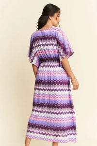 Davi & Dani Multi Color Wavy Tie Waist Flowy Sleeve Dress - Brittney MADE