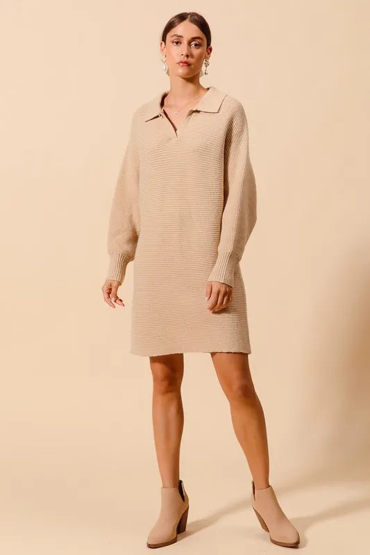 SO ME Ribbed Knit Collar Neck Dress - Brittney MADE