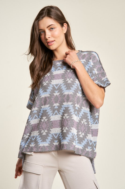 Davi & Dani High-Low Geometric Round Neck Knit Top - Brittney MADE