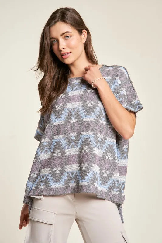 Davi & Dani High-Low Geometric Round Neck Knit Top - Brittney MADE