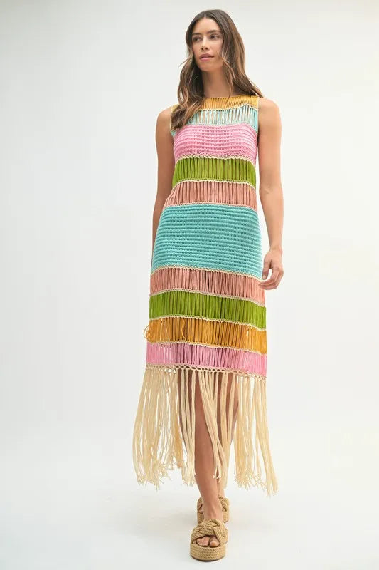 MABLE Multi Color Fringed Crochet Knit Dress - Brittney MADE