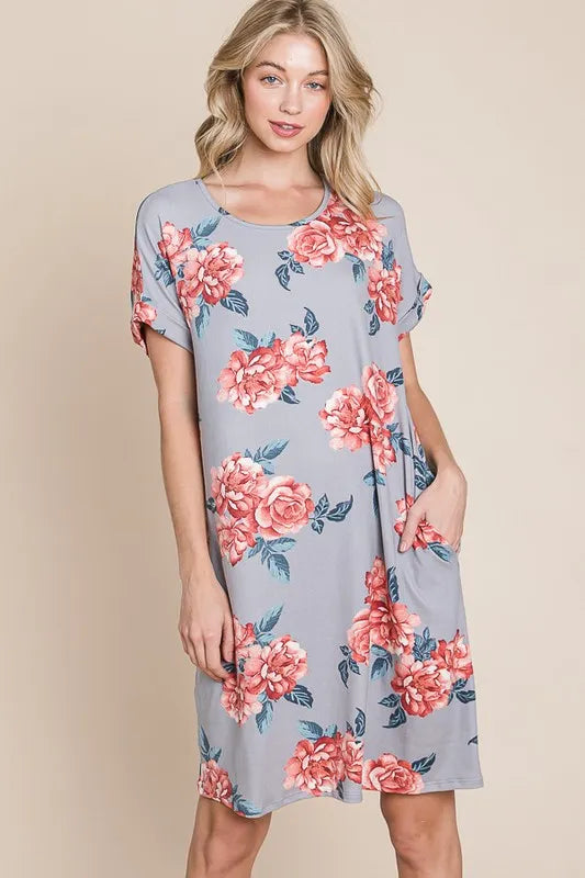 BOMBOM Floral Round Neck Short Tee Dress with Pockets - Brittney MADE