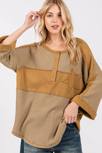 SAGE + FIG Star Applique Patch Exposed Seam Waffle Knit Top - Brittney MADE
