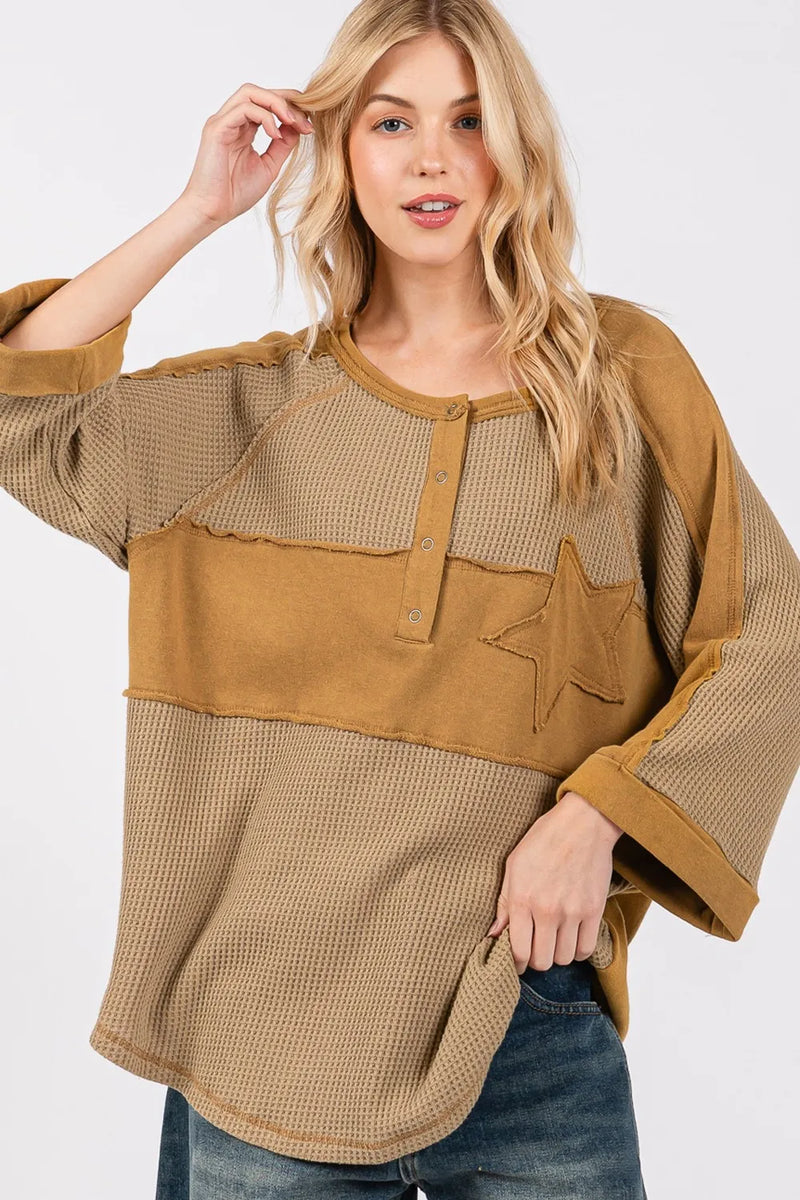 SAGE + FIG Star Applique Patch Exposed Seam Waffle Knit Top - Brittney MADE