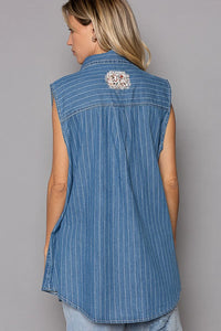 POL Button Down Sleeveless Striped Denim Shirt - Brittney MADE