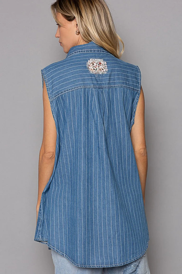 POL Button Down Sleeveless Striped Denim Shirt - Brittney MADE