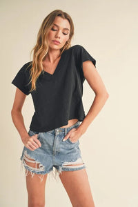 Aemi + Co Side Slit V-Neck Short Sleeve Cropped T-Shirt - Brittney MADE