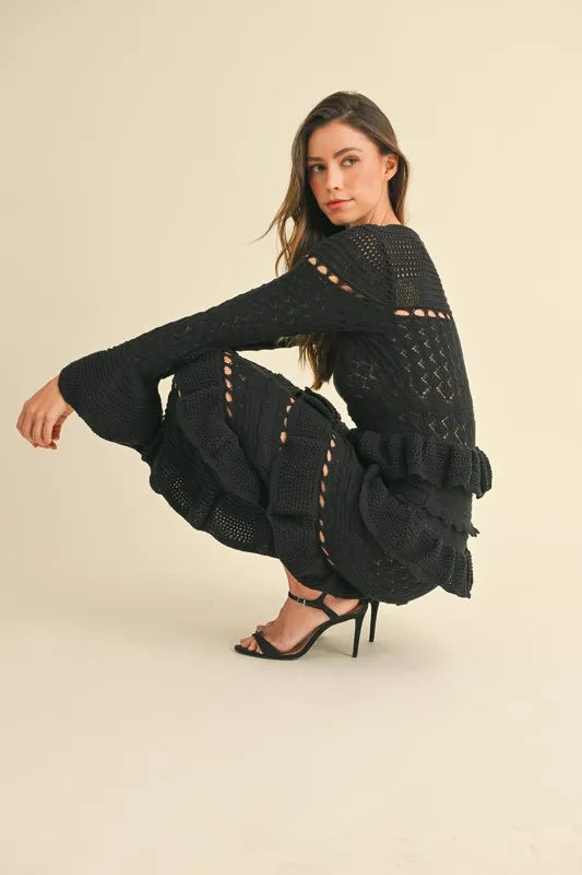 MABLE Long Sleeve Tiered Ruffle Knit Midi Dress - Brittney MADE