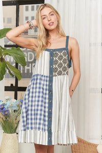 ADORA Patchwork Button Front Mini Dress - Brittney MADE