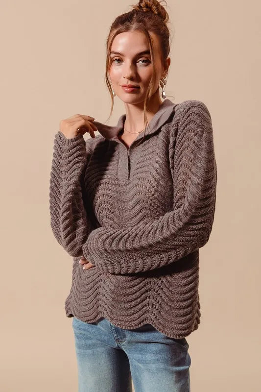 SO ME Notched Collar Wavy Texture Sweater Top - Brittney MADE