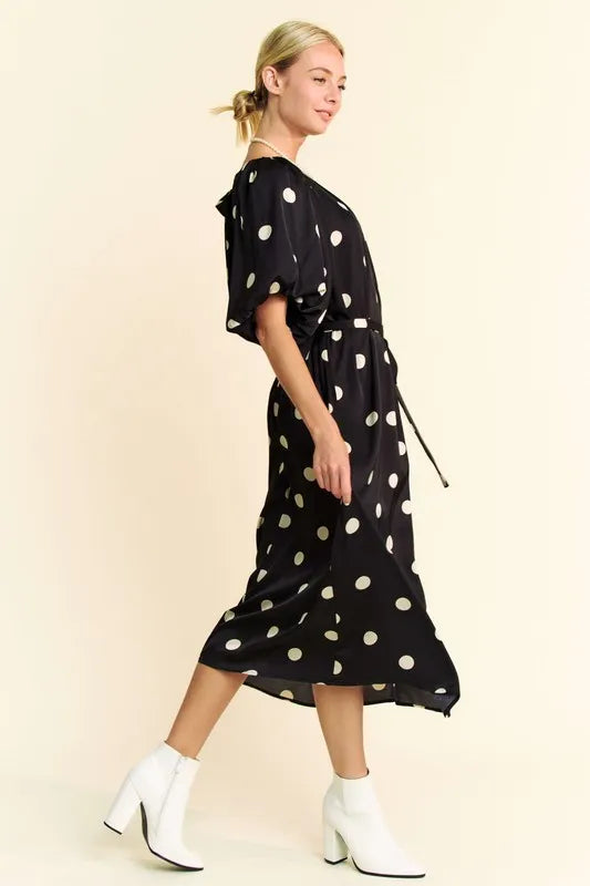 Davi & Dani Polka Dot Puff Sleeves Waist Tie Midi Dress - Brittney MADE
