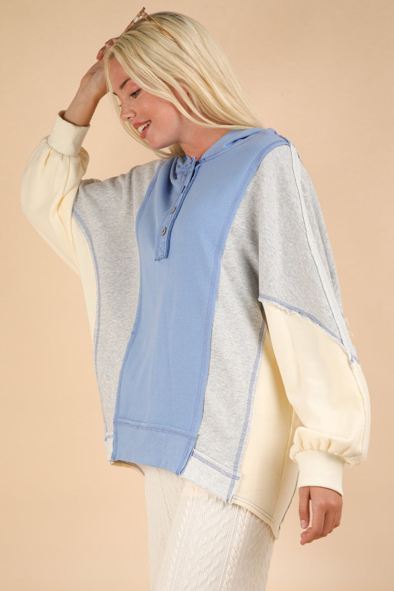 VERY J Exposed Seam Color Block Half Button Hoodie - Brittney MADE