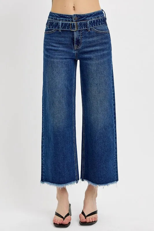 RISEN Raw Hem Wide Leg Attached Buckle Jeans - Brittney MADE