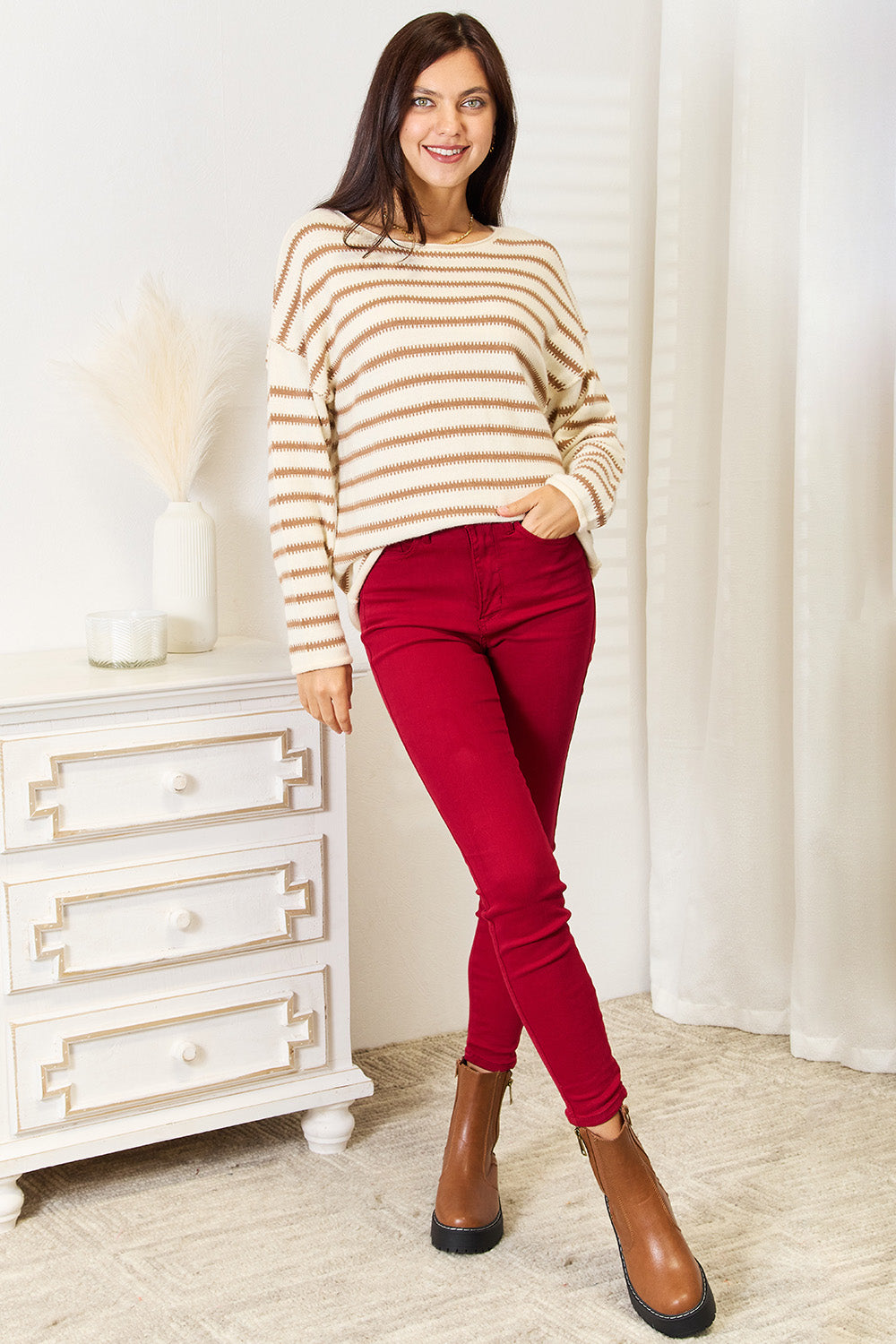 Double Take Striped Boat Neck Sweater - Brittney MADE