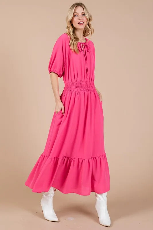 Ces Femme Smocked Elastic Waist Tie Neck Puff Sleeve Dress - Brittney MADE