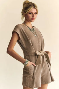Davi & Dani Acid-Washed Waffle Knit Cuffed Sleeves Romper - Brittney MADE