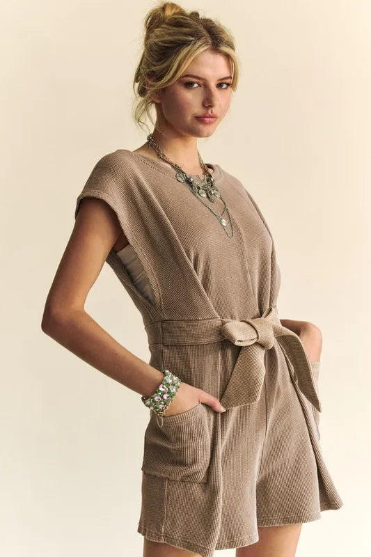 Davi & Dani Acid-Washed Waffle Knit Cuffed Sleeves Romper - Brittney MADE
