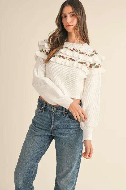 MABLE Floral Embroidered Ruffle Detail Sweater - Brittney MADE