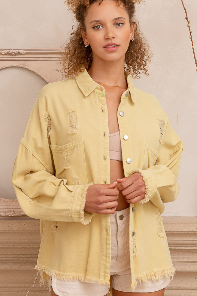 POL Button Down Raw Hem Distressed Shacket - Brittney MADE