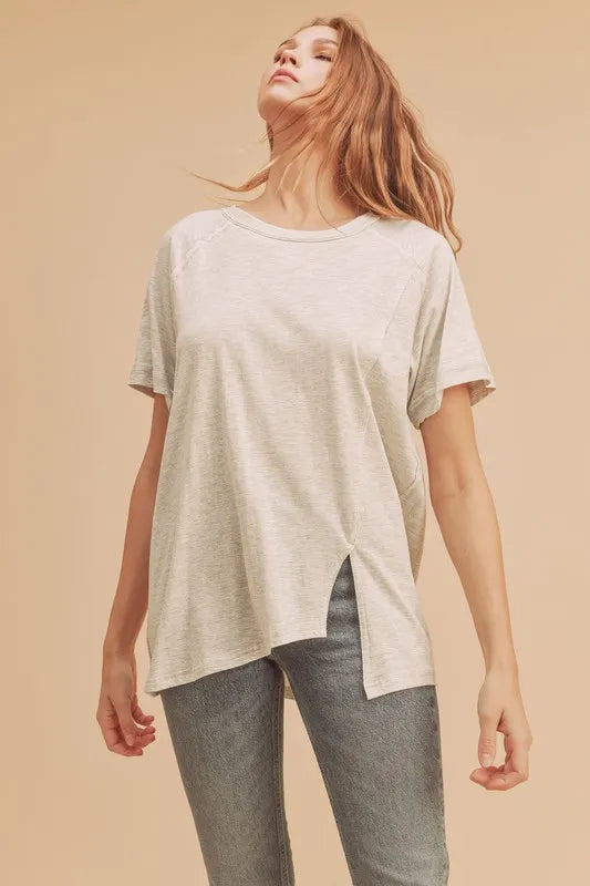 Aemi + Co Asymmetrical Front Slit Round Neck Raglan Sleeve T-Shirt - Brittney MADE