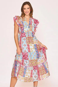Umgee Full Size Tie Neck Double Layered Ruffle Sleeve Midi Dress Plus Size - Brittney MADE