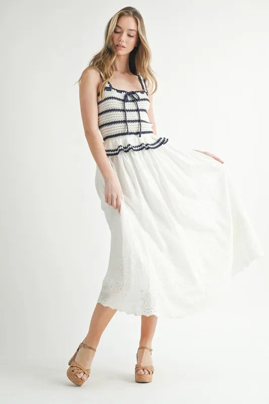 MABLE Crochet Stripe Knit Eyelet Mix Midi Dress - Brittney MADE