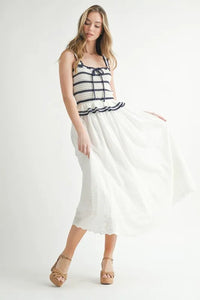 MABLE Crochet Stripe Knit Eyelet Mix Midi Dress - Brittney MADE