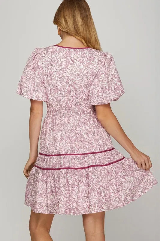 She + Sky Full Size Printed V-Neck Puff Sleeve Tiered Dress Plus Size - Brittney MADE
